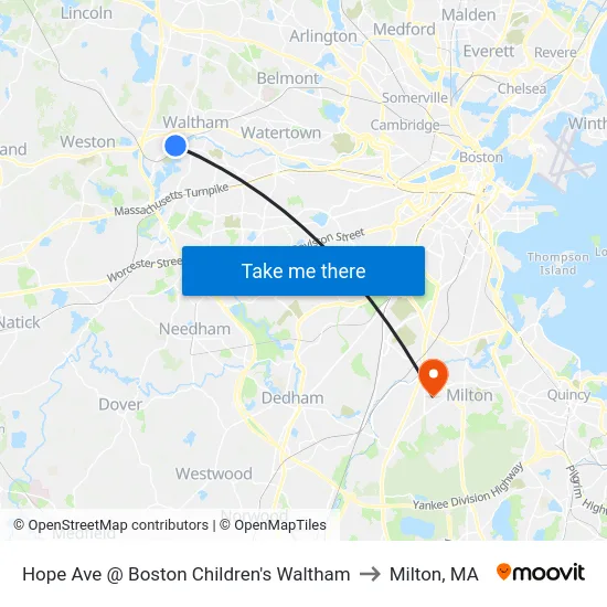 Hope Ave @ Boston Children's Waltham to Milton, MA map