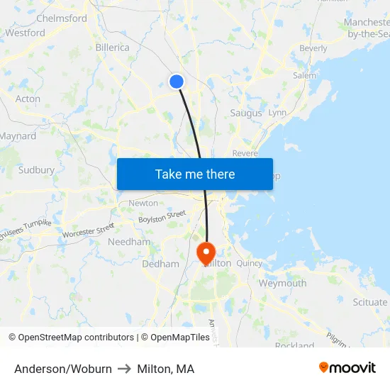 Anderson/Woburn to Milton, MA map