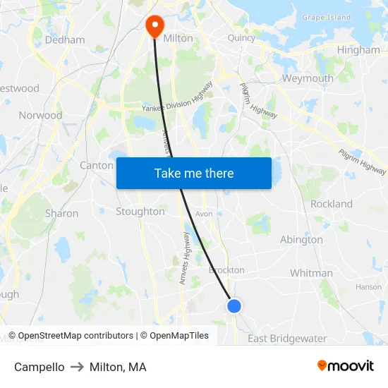 Campello to Milton, MA map