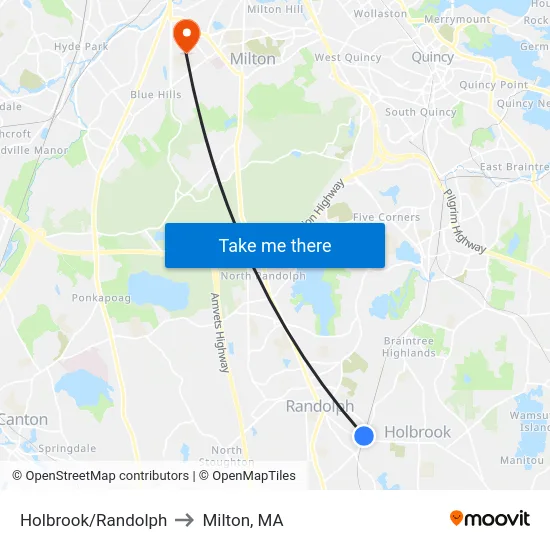 Holbrook/Randolph to Milton, MA map