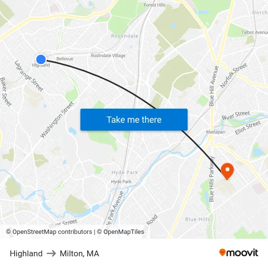Highland to Milton, MA map