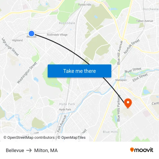 Bellevue to Milton, MA map