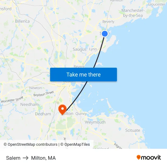 Salem to Milton, MA map