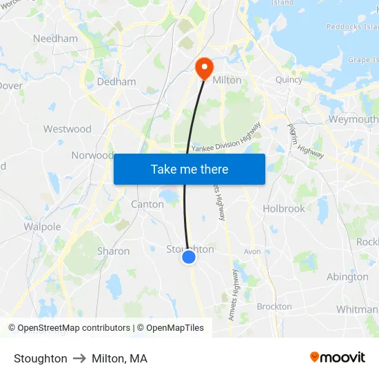 Stoughton to Milton, MA map