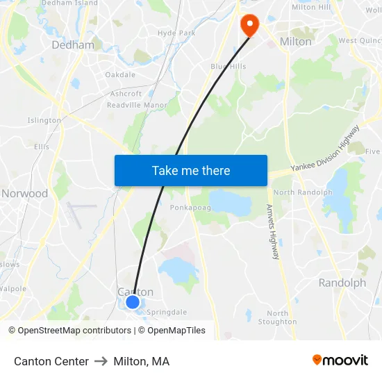 Canton Center to Milton, MA map