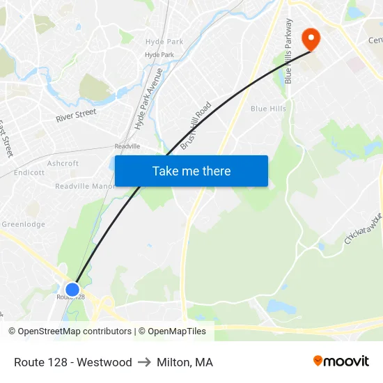 Route 128 - Westwood to Milton, MA map