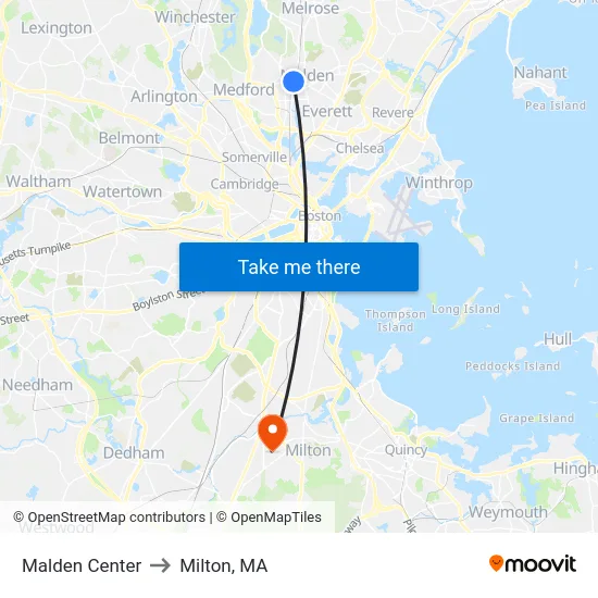Malden Center to Milton, MA map