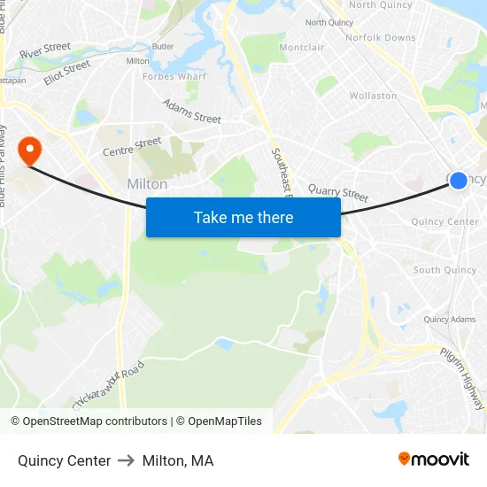 Quincy Center to Milton, MA map