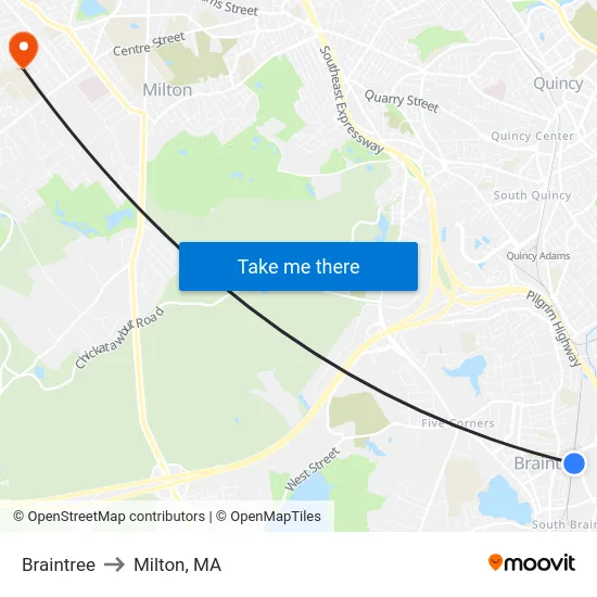 Braintree to Milton, MA map