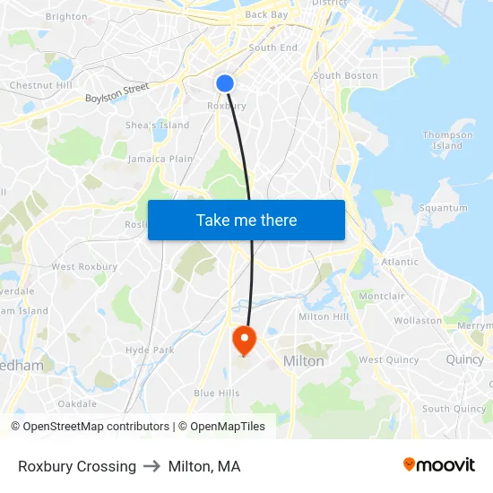 Roxbury Crossing to Milton, MA map