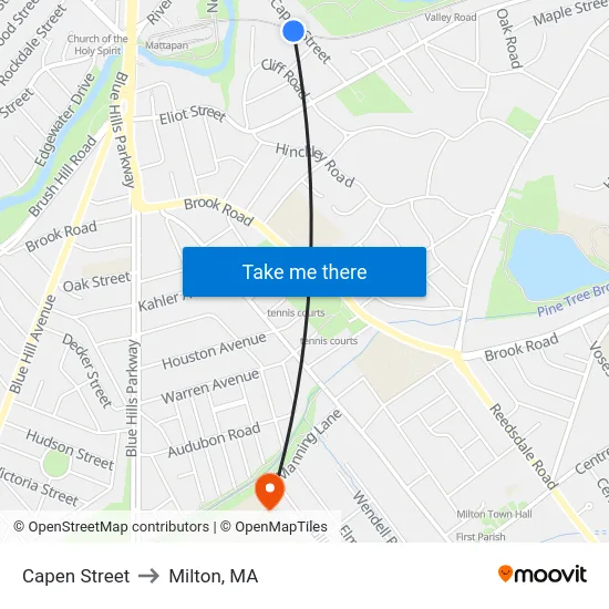 Capen Street to Milton, MA map