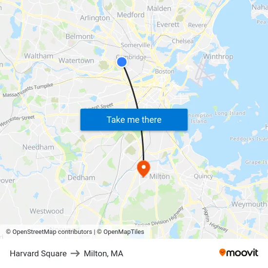Harvard Square to Milton, MA map