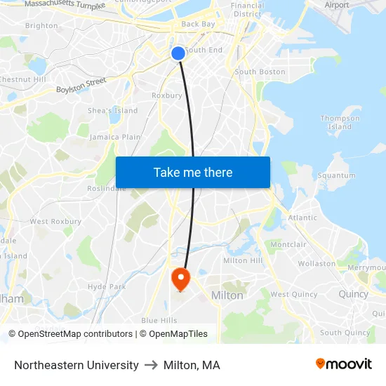Northeastern University to Milton, MA map