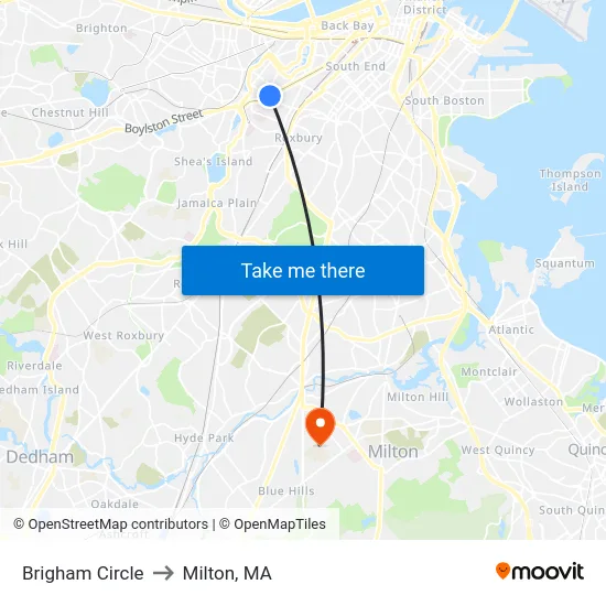 Brigham Circle to Milton, MA map