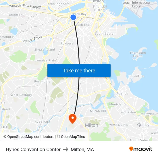 Hynes Convention Center to Milton, MA map