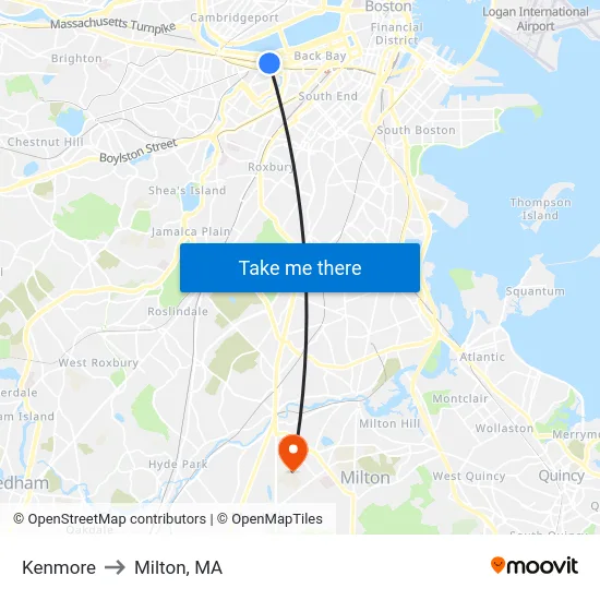 Kenmore to Milton, MA map