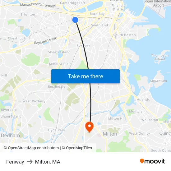 Fenway to Milton, MA map