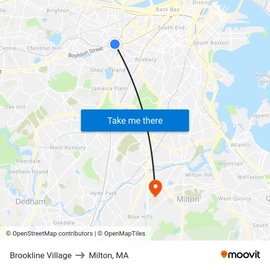 Brookline Village to Milton, MA map