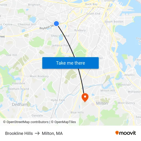 Brookline Hills to Milton, MA map