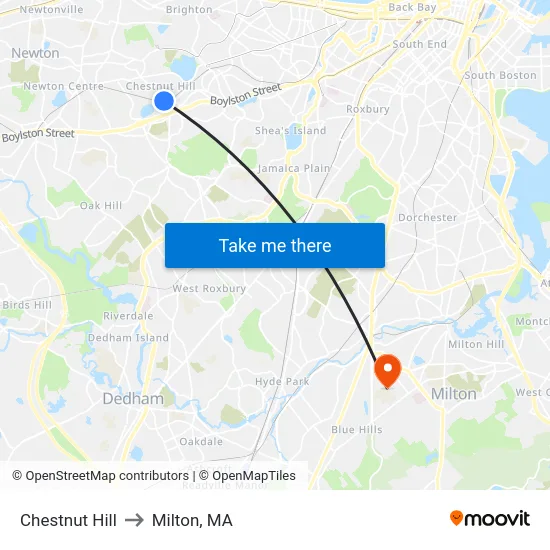 Chestnut Hill to Milton, MA map
