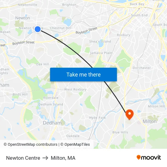 Newton Centre to Milton, MA map