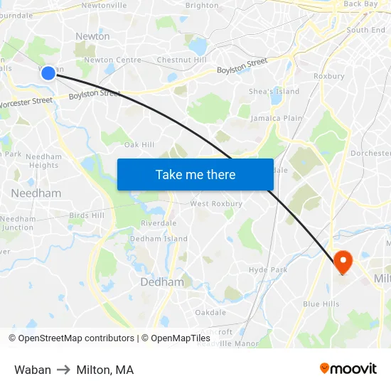 Waban to Milton, MA map