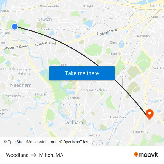 Woodland to Milton, MA map