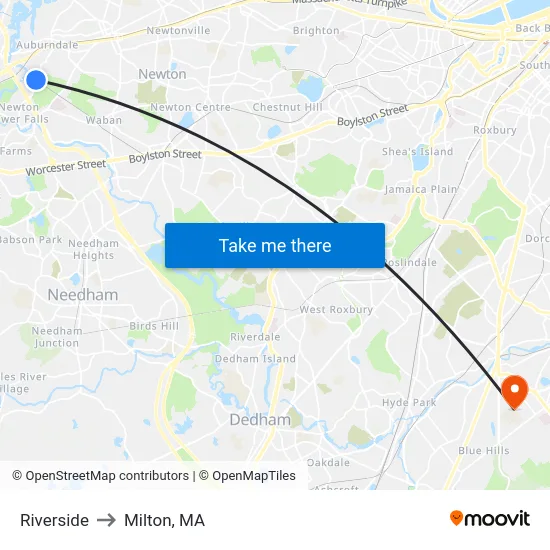 Riverside to Milton, MA map
