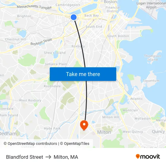 Blandford Street to Milton, MA map