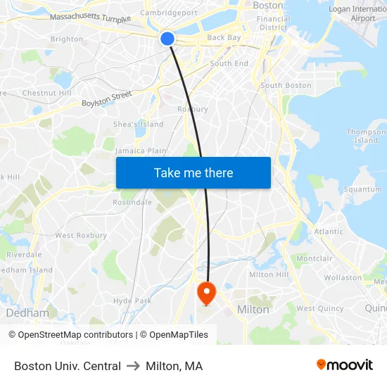 Boston Univ. Central to Milton, MA map