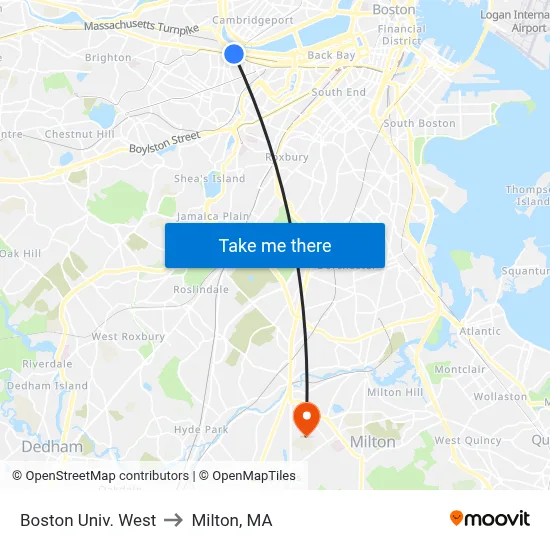 Boston Univ. West to Milton, MA map