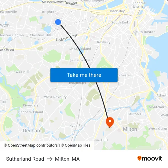 Sutherland Road to Milton, MA map