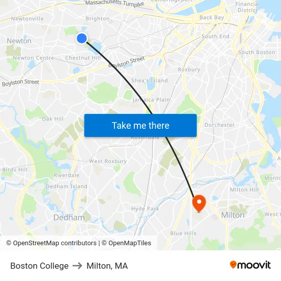 Boston College to Milton, MA map