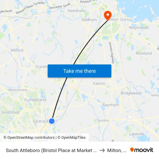 South Attleboro (Bristol Place at Market Basket) to Milton, MA map