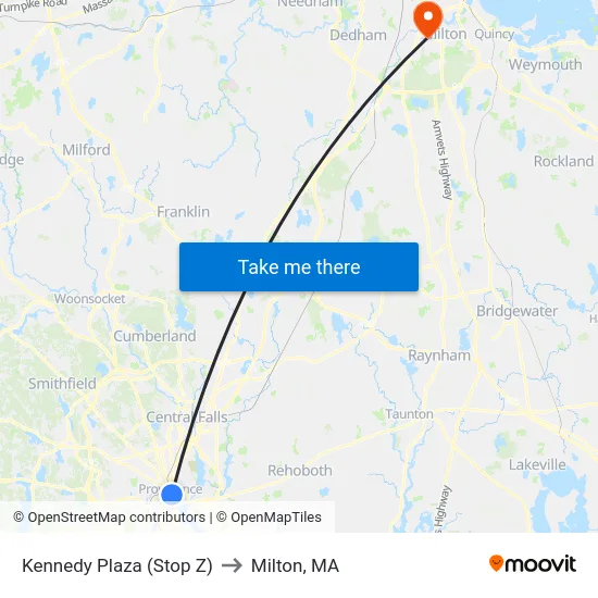 Kennedy Plaza (Stop Z) to Milton, MA map