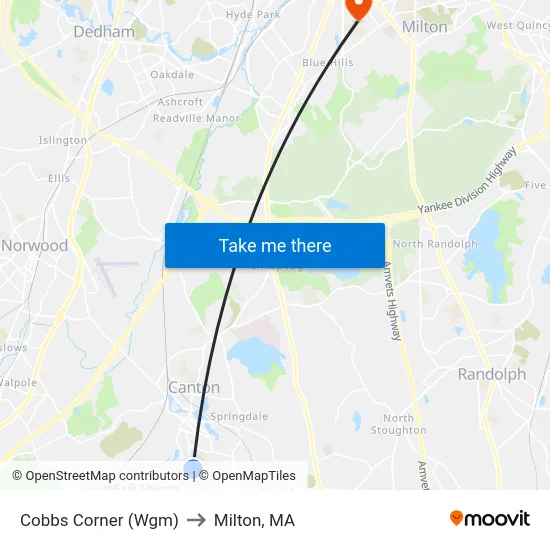 Cobbs Corner (Wgm) to Milton, MA map