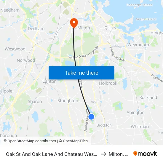 Oak St And Oak Lane And Chateau Westgate to Milton, MA map