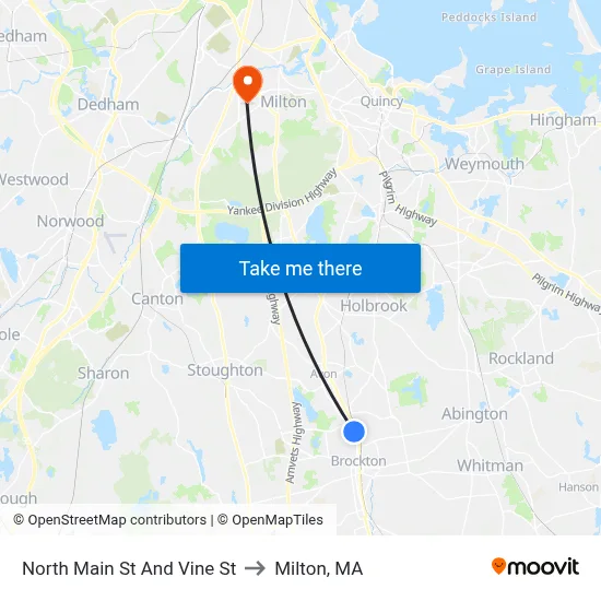 North Main St And Vine St to Milton, MA map