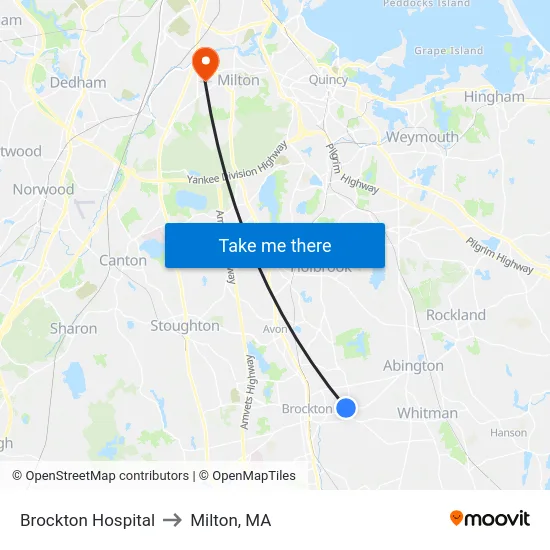 Brockton Hospital to Milton, MA map