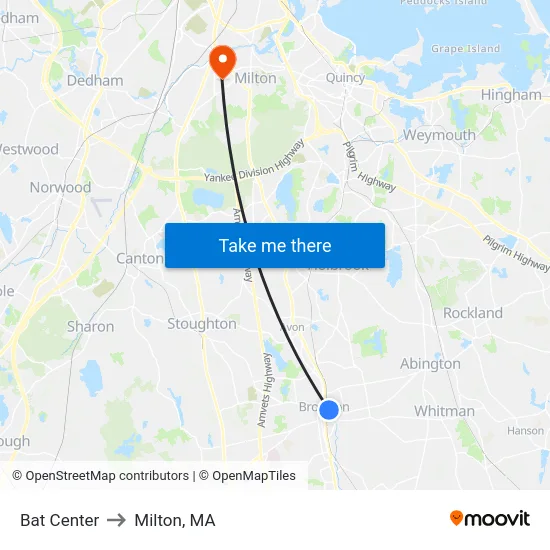 Bat Center to Milton, MA map