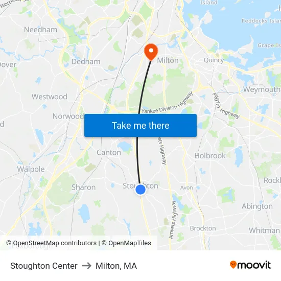 Stoughton Center to Milton, MA map