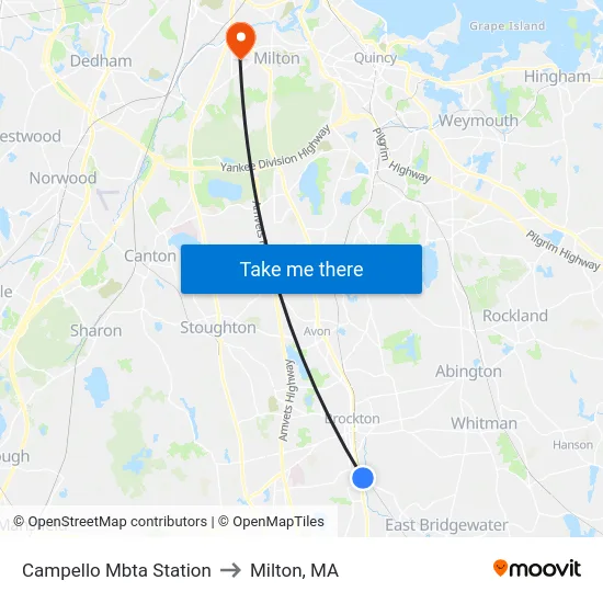 Campello Mbta Station to Milton, MA map