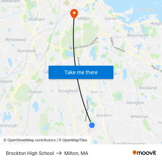 Brockton High School to Milton, MA map
