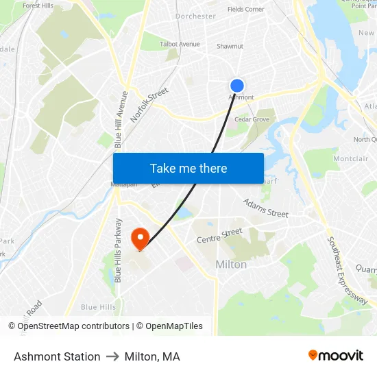 Ashmont Station to Milton, MA map