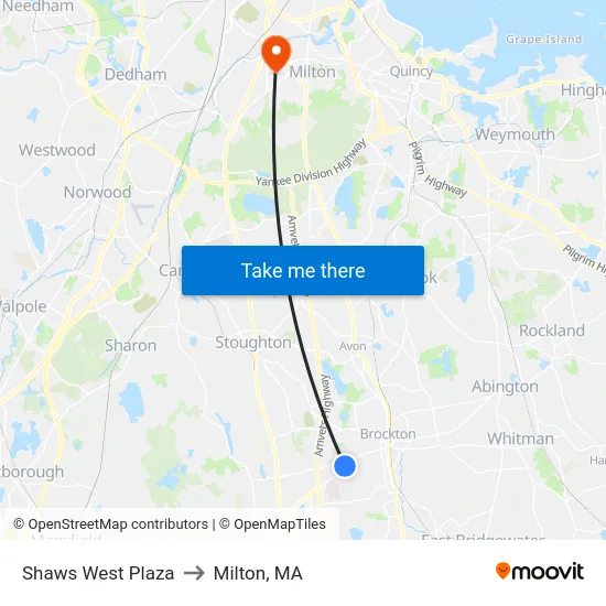 Shaws West Plaza to Milton, MA map