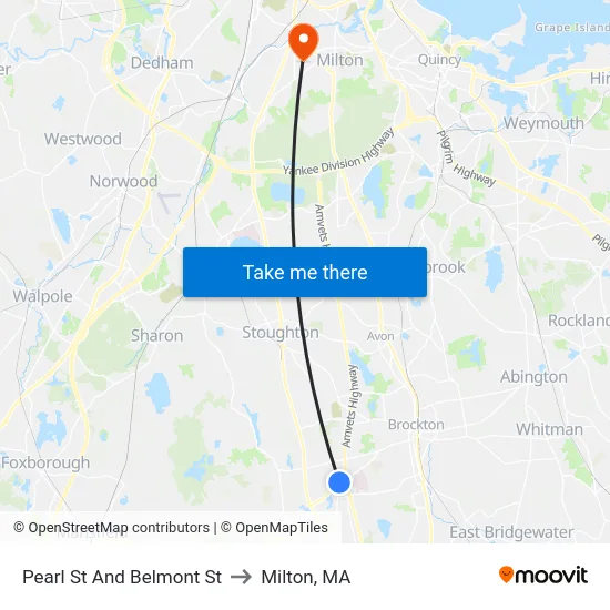 Pearl St And Belmont St to Milton, MA map