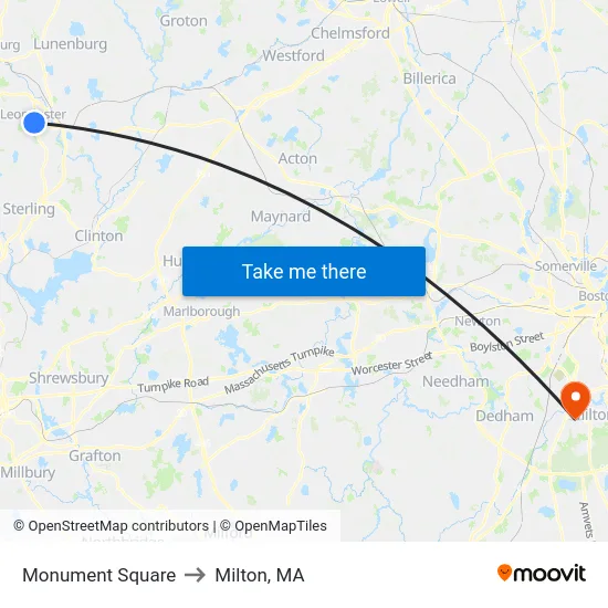 Monument Square to Milton, MA map