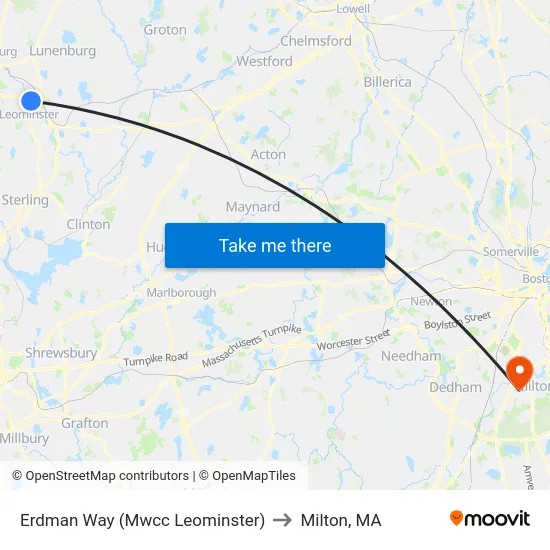 Erdman Way (Mwcc Leominster) to Milton, MA map