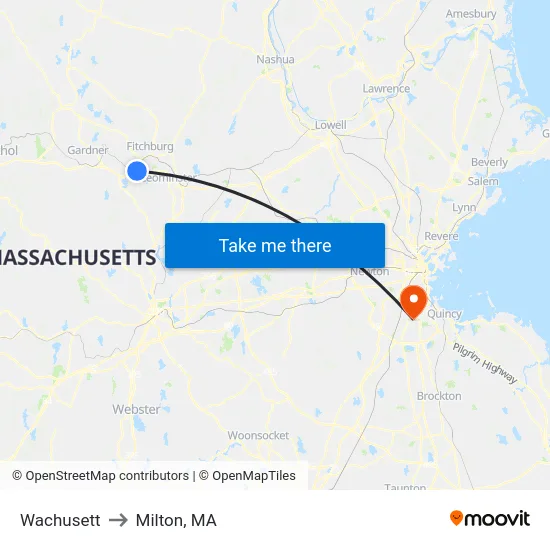 Wachusett to Milton, MA map