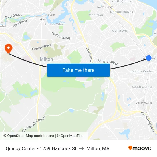 Quincy Center - 1259 Hancock St to Milton, MA map